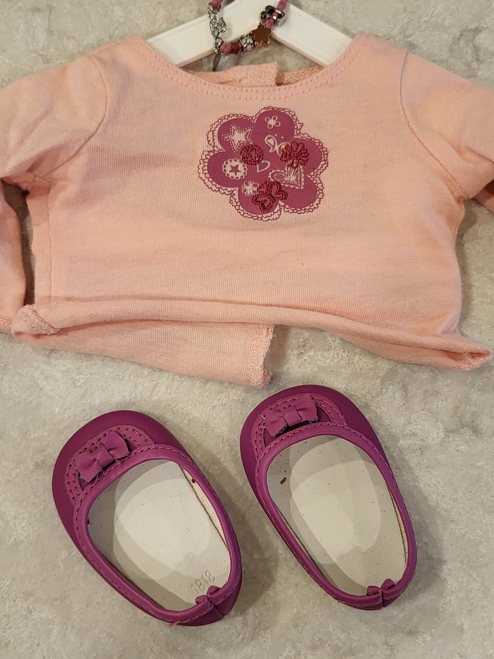 American Girl Pink Top with Purple Flower Detail and Purple Doll Shoes